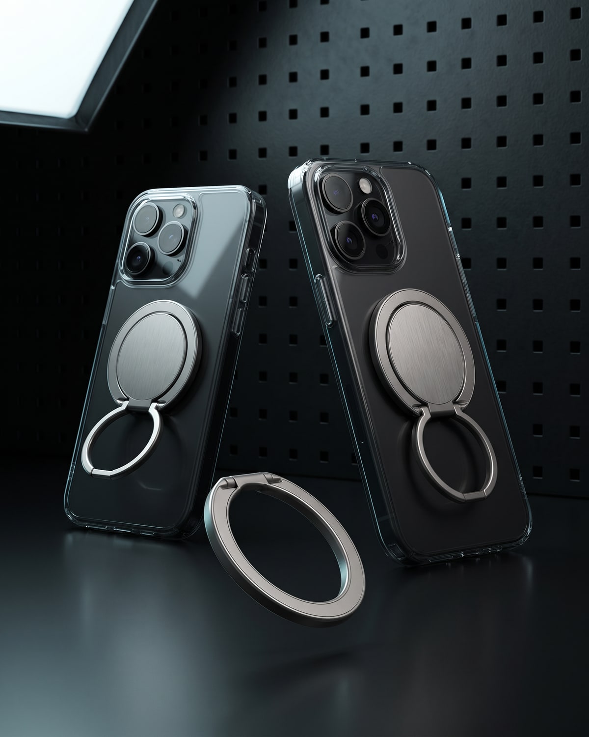 The magnetic ring holder on a phone standing on a dark surface, with a second holder beside it.