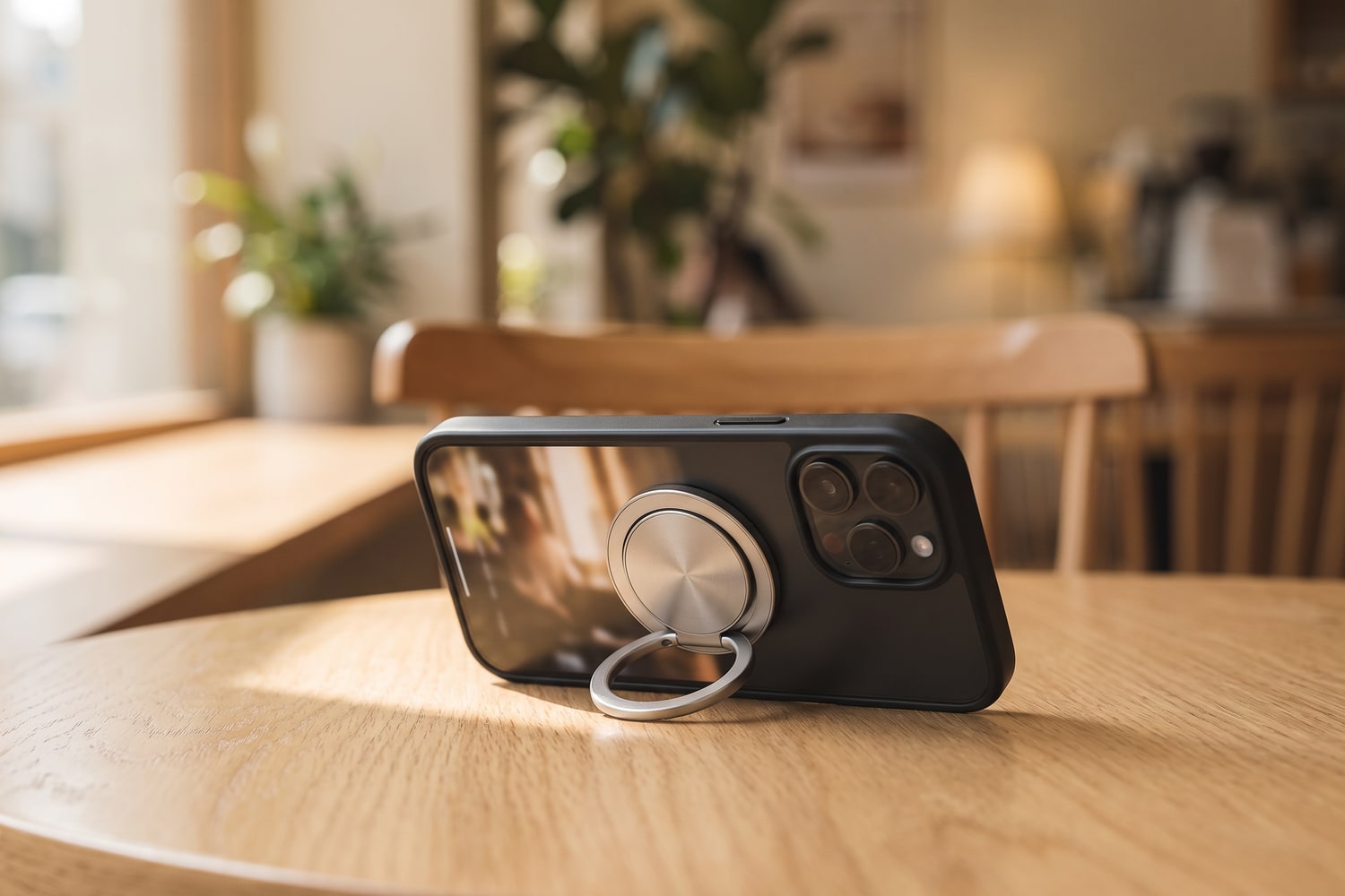 A phone standing upright on the fold-out kickstand.
